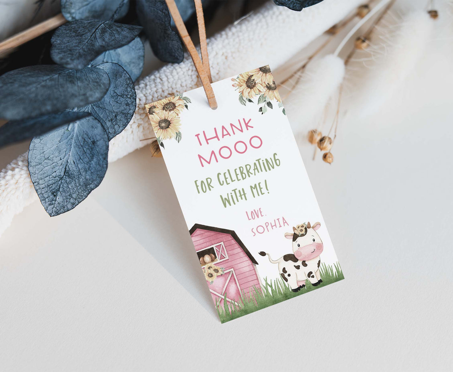 Sunflower Cow Thank You Tags Girl | Floral Farm Birthday Party Printable - 11G