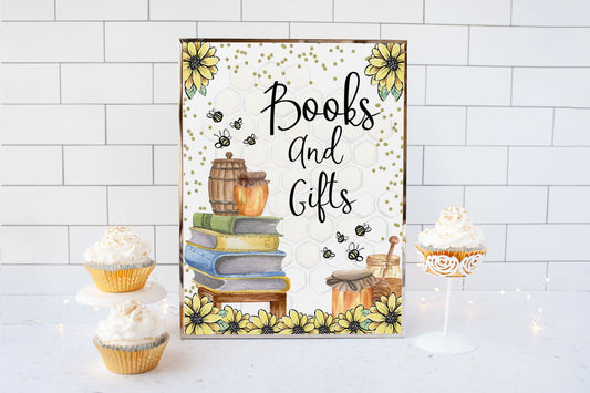 Bee Books and Gifs Sign Printable | Bee theme Baby Shower Table Decoration - 61A