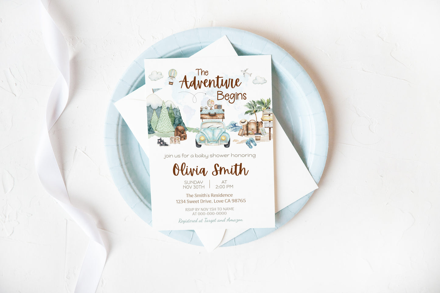 The Adventure begins Baby Shower Invitation | Editable travel Baby Shower Invite - 43A