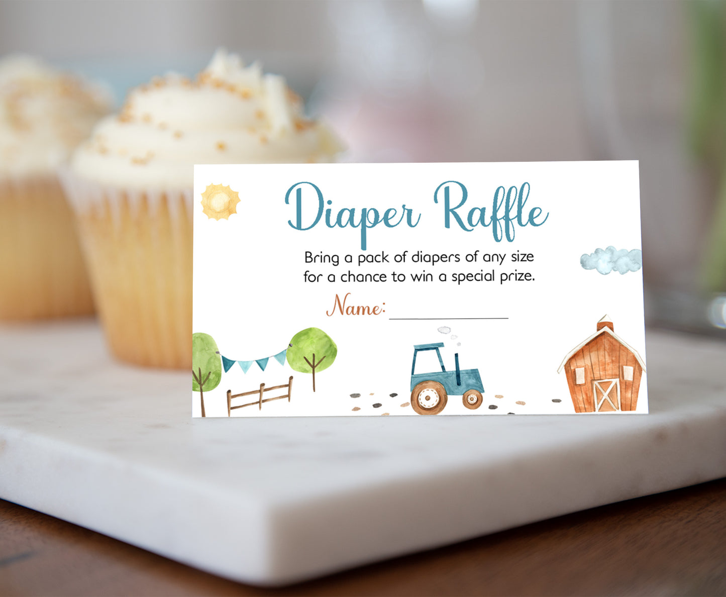 Tractor Diaper Raffle Sign and Ticket Card | Farm Baby Shower Game Printable - 11F