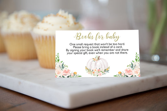 White Pumpkin Books For Baby Request Printable Card | Fall Baby Shower Invitation insert - 30H