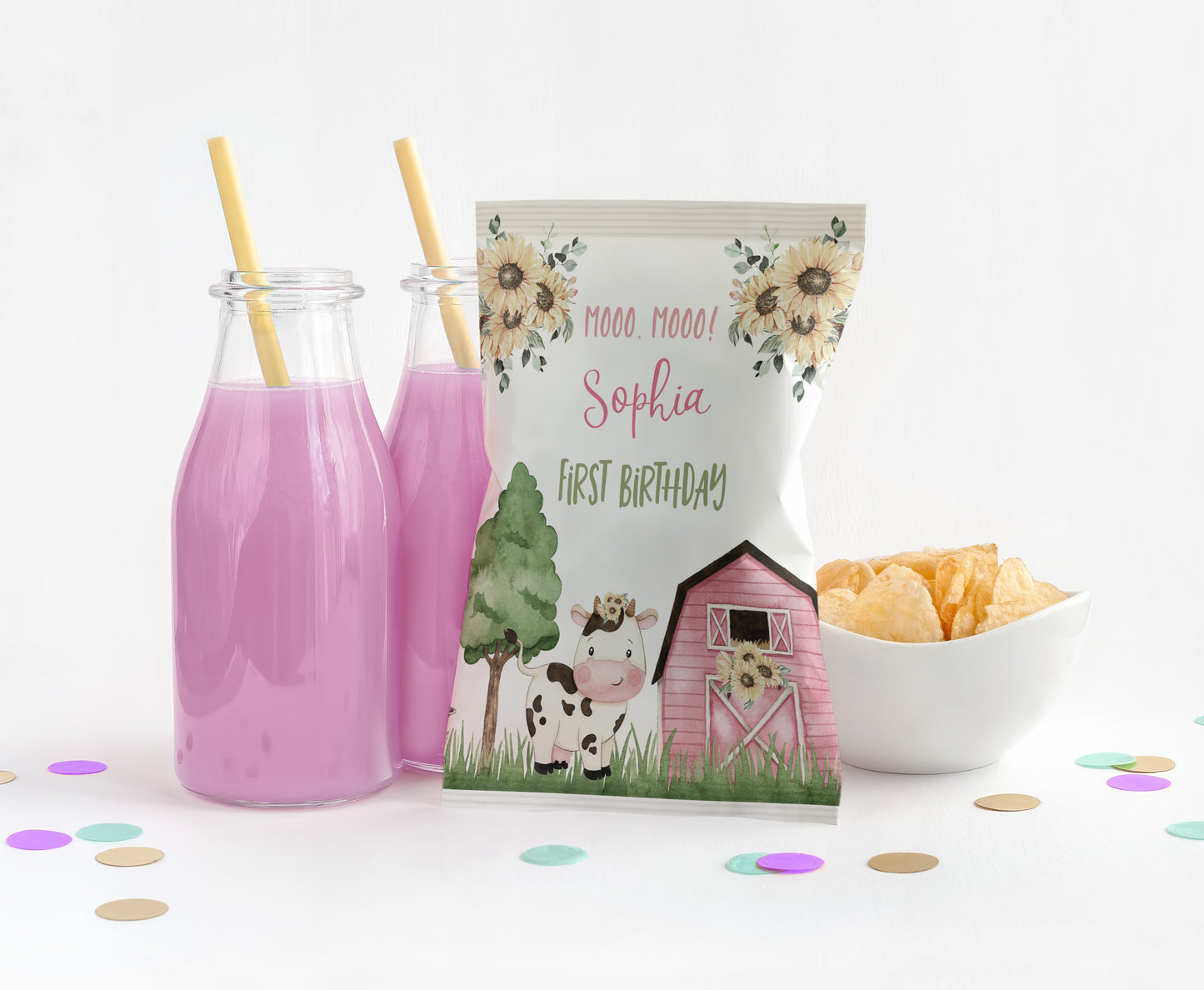 Editable Sunflower Cow Chip Bag Wrapper | FlorAL Farm Theme Birthday Party Decorations - 11G