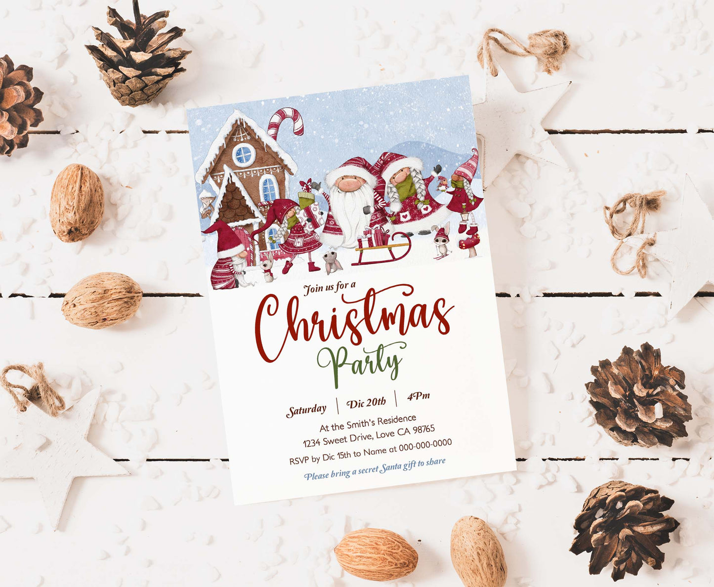Christmas Gnomes invitation | Editable Christmas party invite - 112D