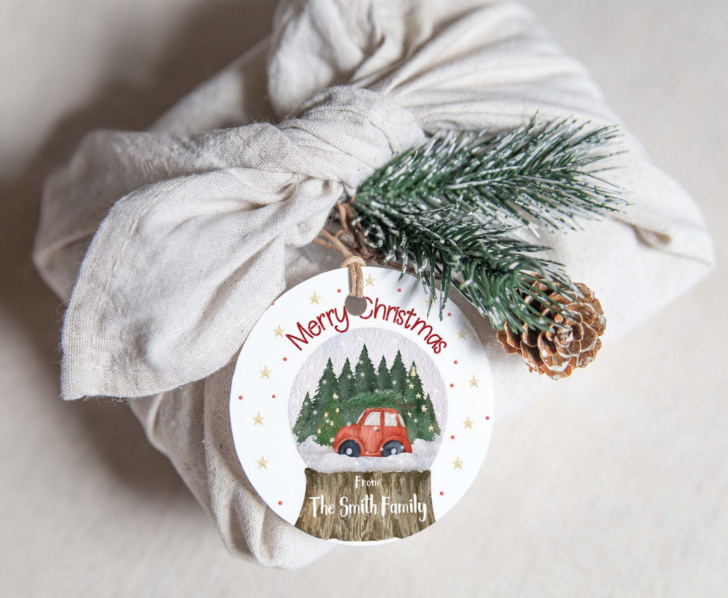 Snow Globe 2"x2" Tag | Editable Pine Tree Christmas Gift Tag - 112