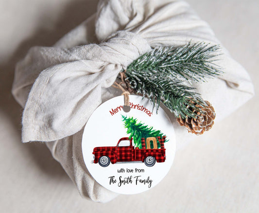 Red Truck Merry Christmas 2"x2" Tag | Editable Truck Christmas Gift Tag - 112