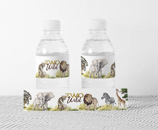 Two Wild Safari Water Bottle Labels | Safari 2nd Birthday Party Decorations - 35I