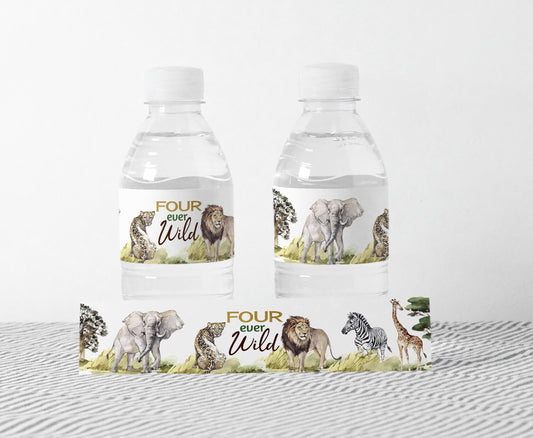 Four ever wild Safari Water Bottle Labels | Safari 4th Birthday Party Decorations - 35I