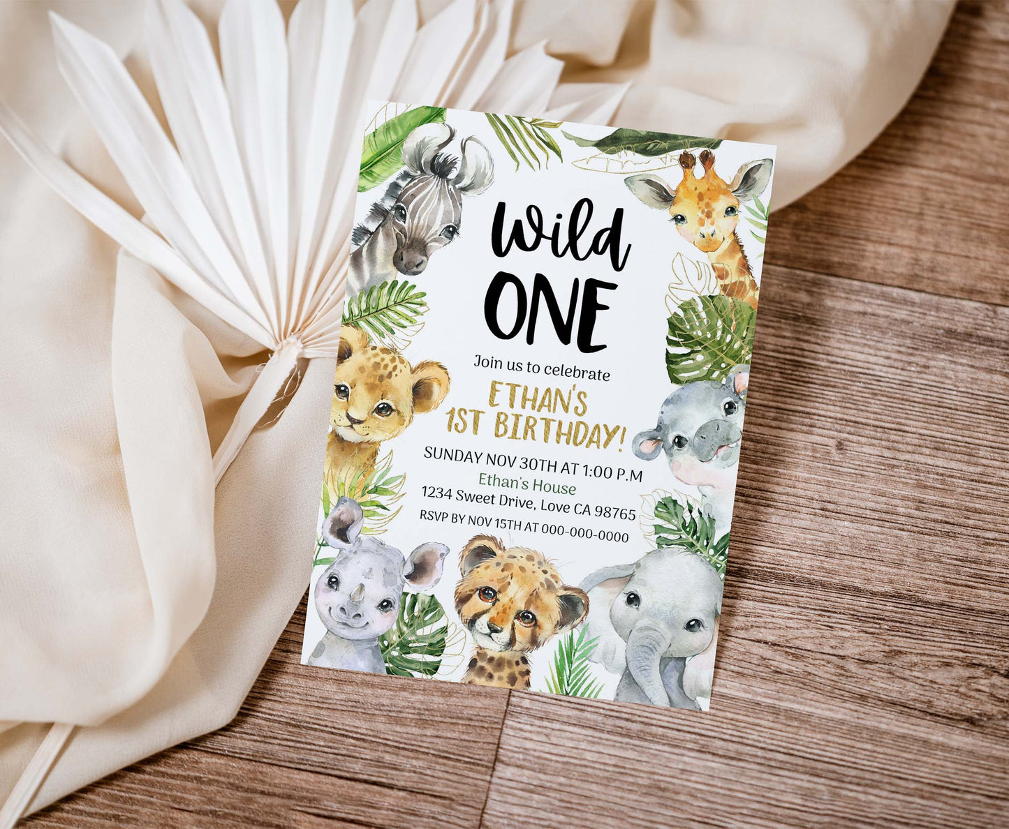 Safari Wild One Invitation | Editable Jungle Animals 1st Birthday Invite - 35A