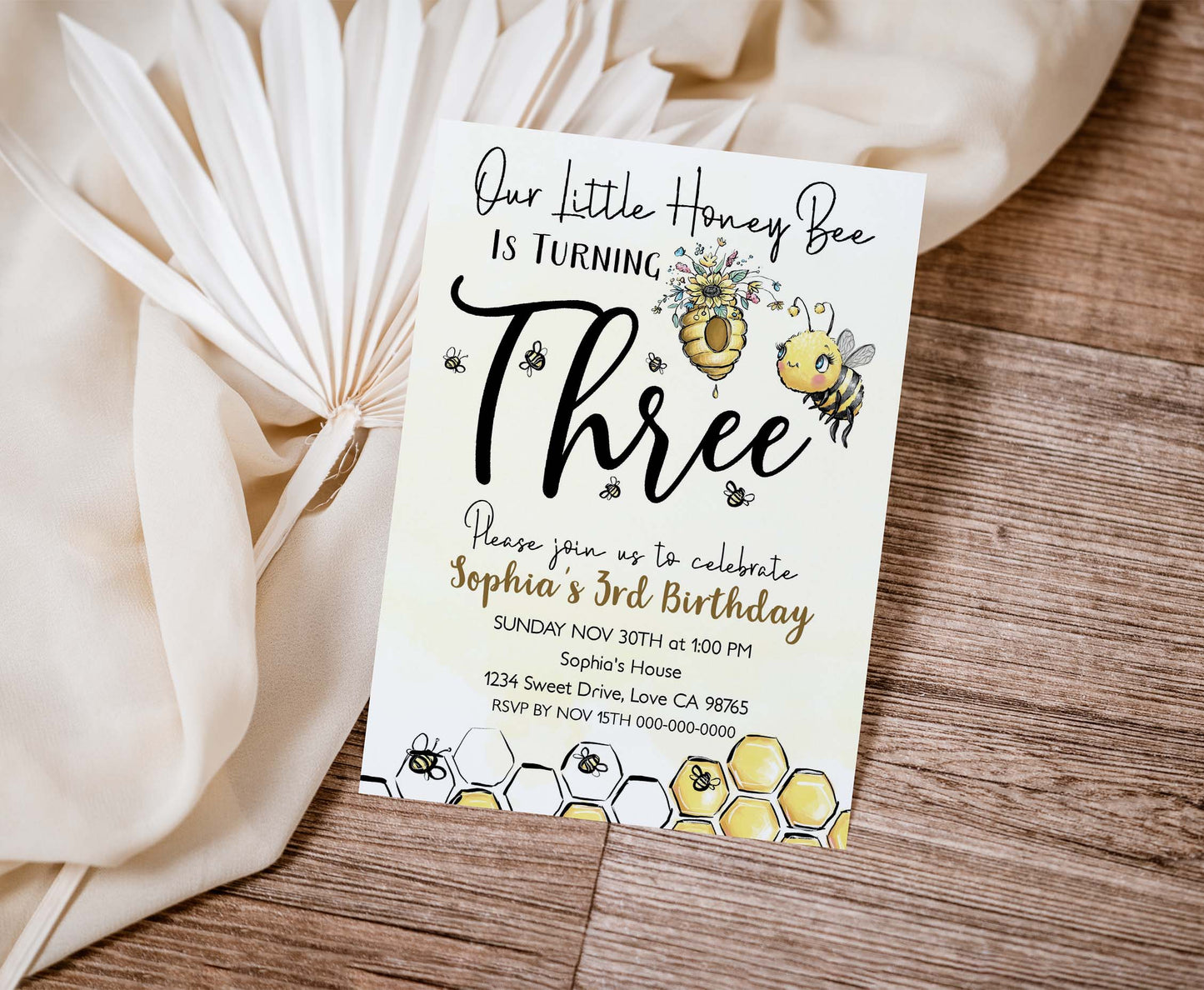 Our Little Honey Bee is Turning Three | Bee 3rd Birthday Party Invite - 61A