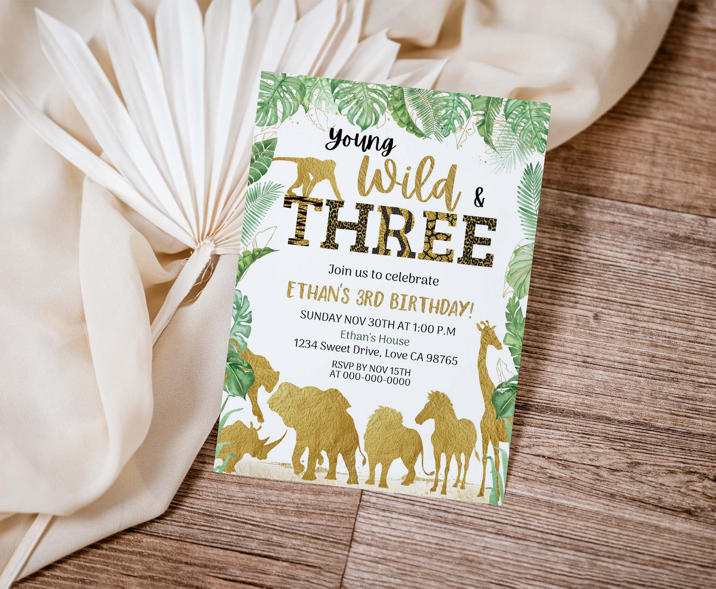 Young wild and three Birthday Invitation | Editable Safari 3rd Birthday invitation - 35K