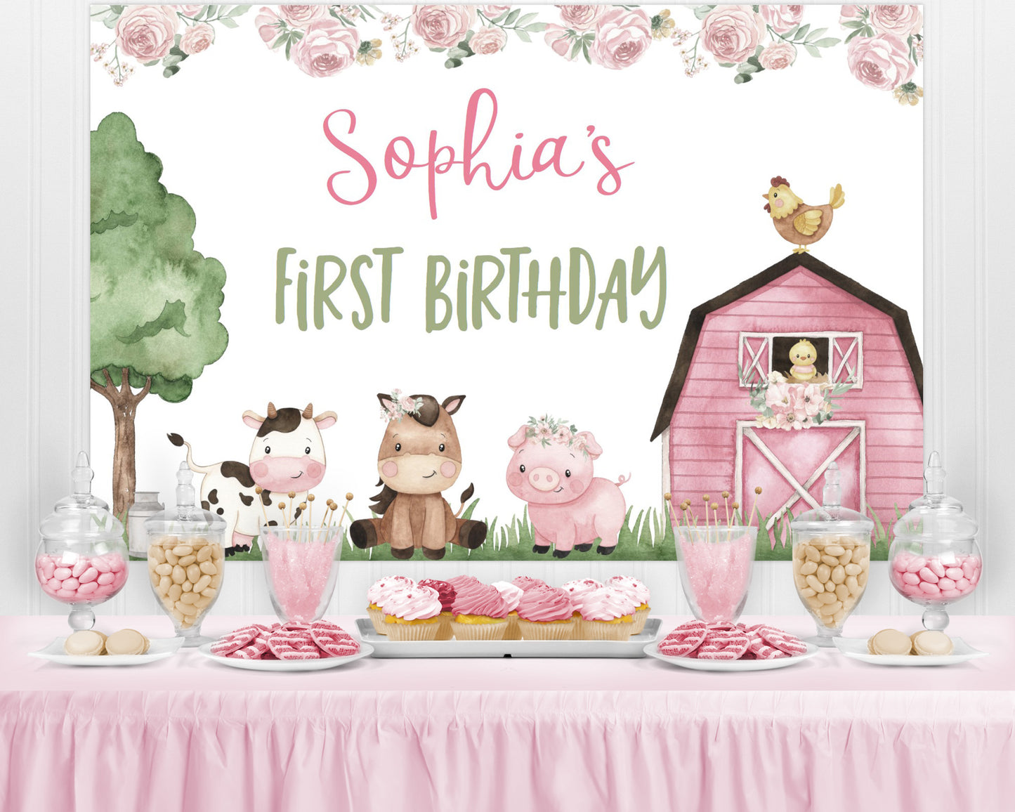 Editable Girl Farm Birthday Backdrop Banner | Pink Barnyard Party Sign - 11A