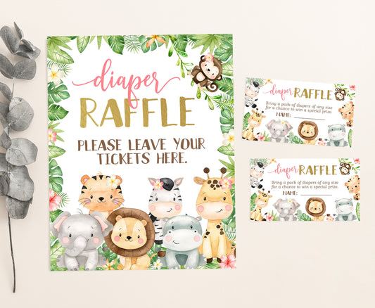 Girl Safari Diaper Raffle Sign and Tickets | Jungle Animals Baby Shower Game - 35E