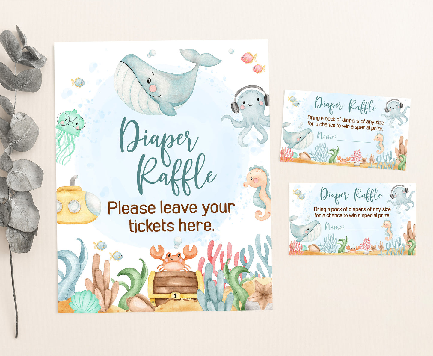 Under The Sea Diaper Raffle Sign and Ticket Card | Ocean Baby Shower Game Printable - 44A