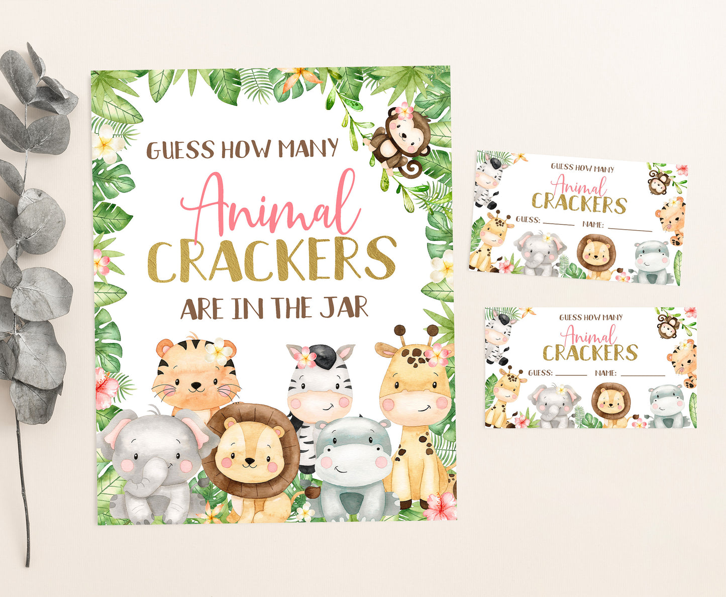 Guess How Many Animal Crackers Sign and Cards | Girl Safari Baby Shower Game - 35E