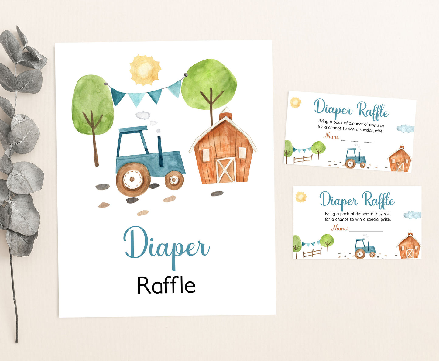 Tractor Diaper Raffle Sign and Ticket Card | Farm Baby Shower Game Printable - 11F