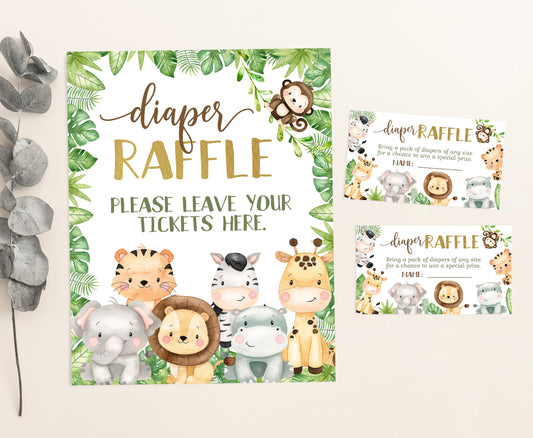 Safari Diaper Raffle Sign and Tickets | Jungle Animals Baby Shower Game - 35E