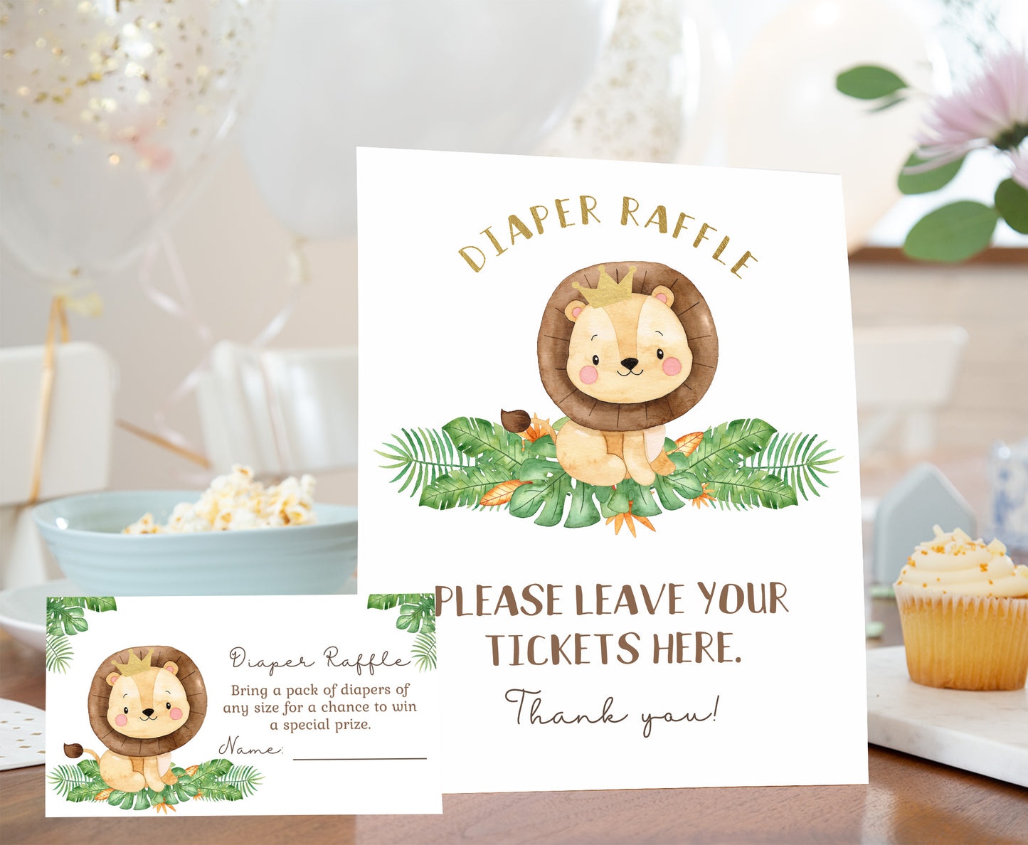 Lion Diaper Raffle Sign and Tickets | Safari Animals Baby Shower Game - 35E