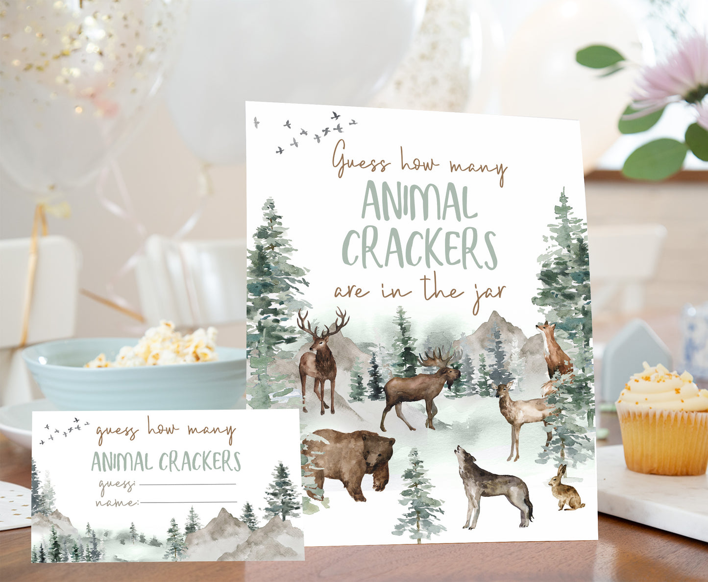 Guess How Many Animal Crackers Sign and Cards | Woodland Baby Shower Game - 47H