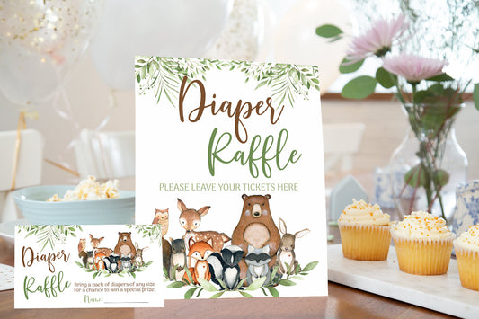 Woodland Diaper Raffle Sign and Ticket Card | Forest Animals Baby Shower Game Printable - 47J0