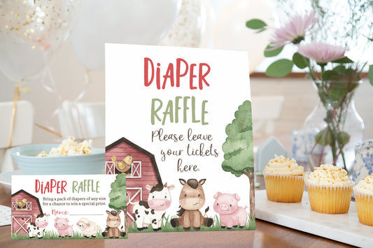 Farm Diaper Raffle Sign and Ticket Card | Barnyard Baby Shower Game Printable - 11A
