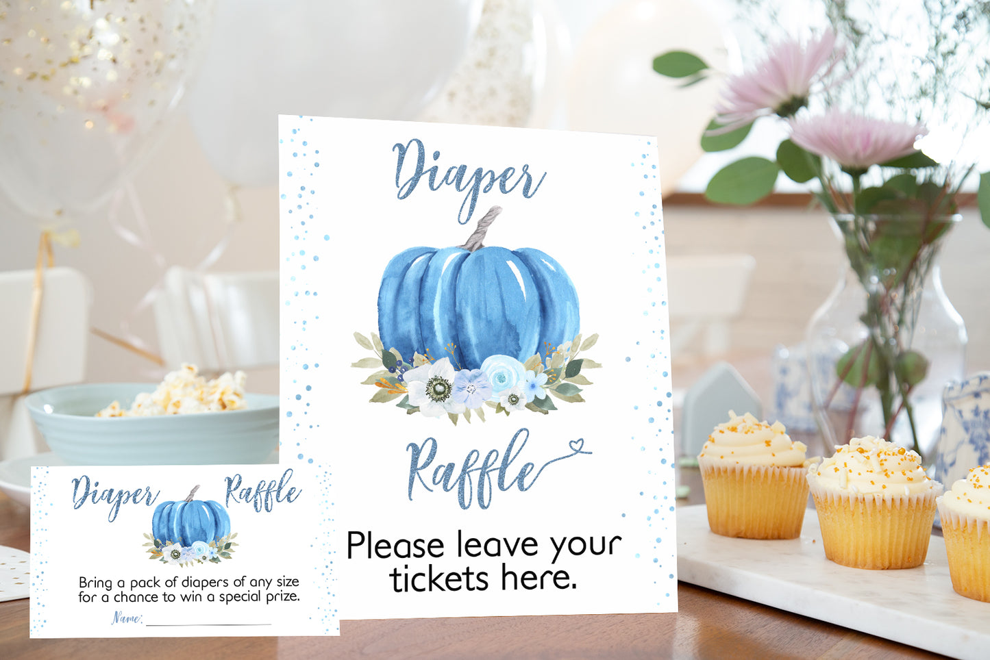 Blue Pumpkin Diaper Raffle Sign and Ticket Card | Fall Baby Shower Game Printable - 30B