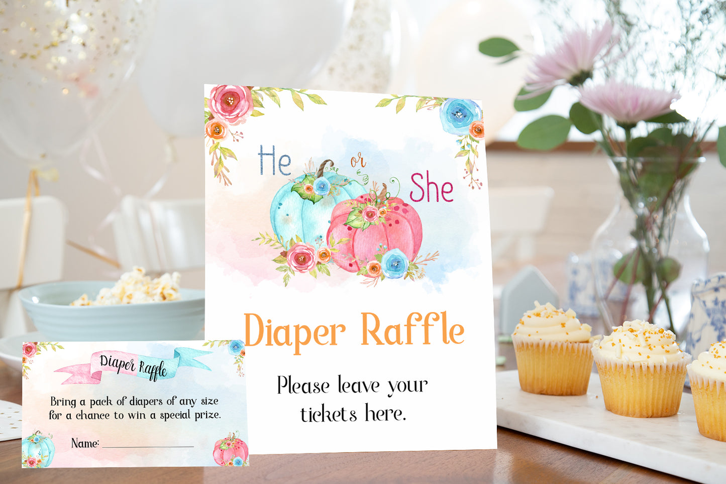 Pumpkin Diaper Raffle Sign and Ticket Card | Fall Gender Reveal Game - 30A