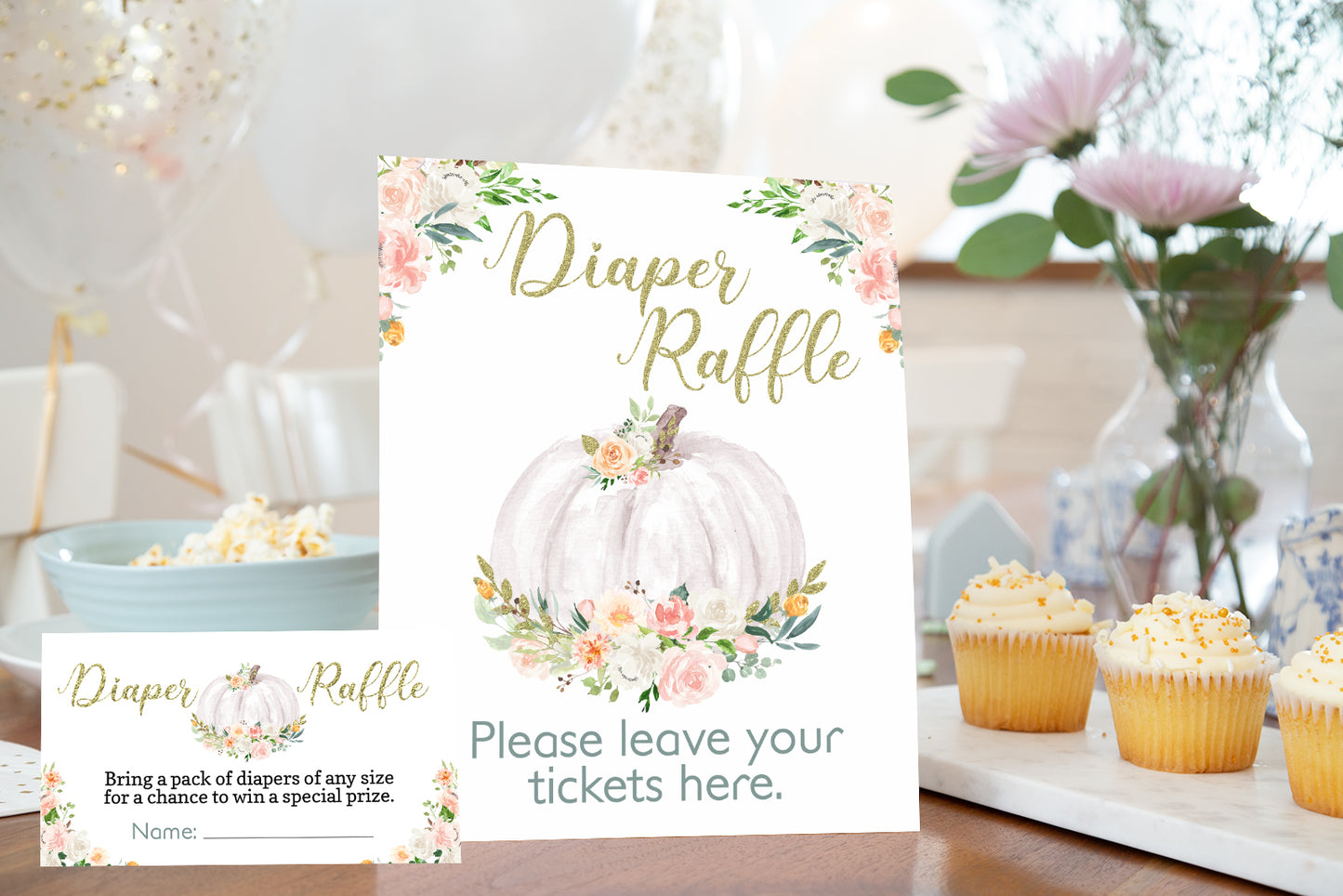 White Pumpkin Diaper Raffle Sign and Ticket Card | Fall Baby Shower Game Printable -30H