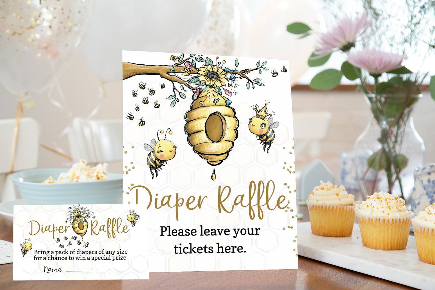 Bee Diaper Raffle Sign and Ticket Card | Bumble Bee Baby Shower Game Printable - 61A