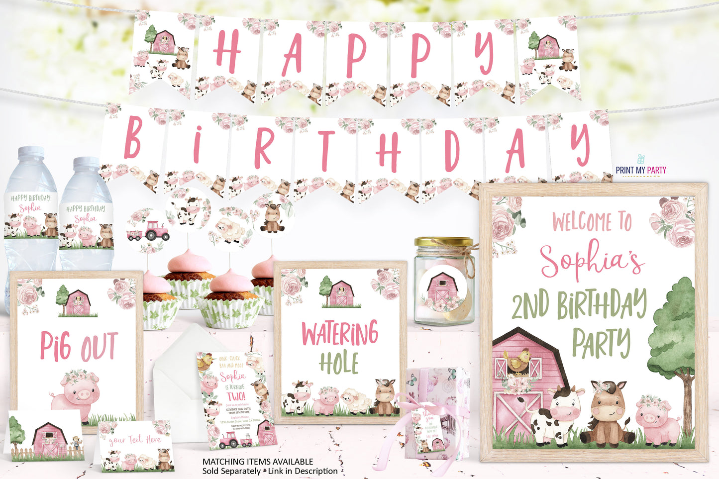 Editable Girl farm Banner | Pink Barnyard Party Decorations - 11a