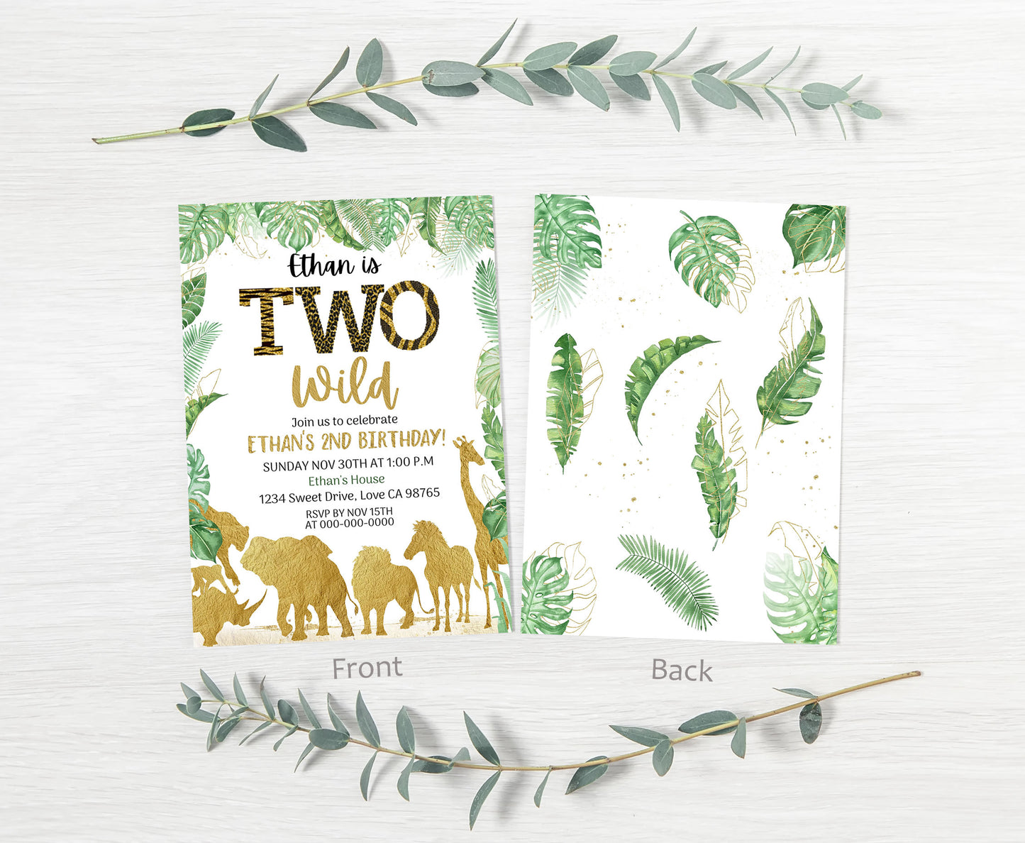 Gold Safari Animals 2nd Birthday Invitation | Editable Two wild Birthday Invite - 35K