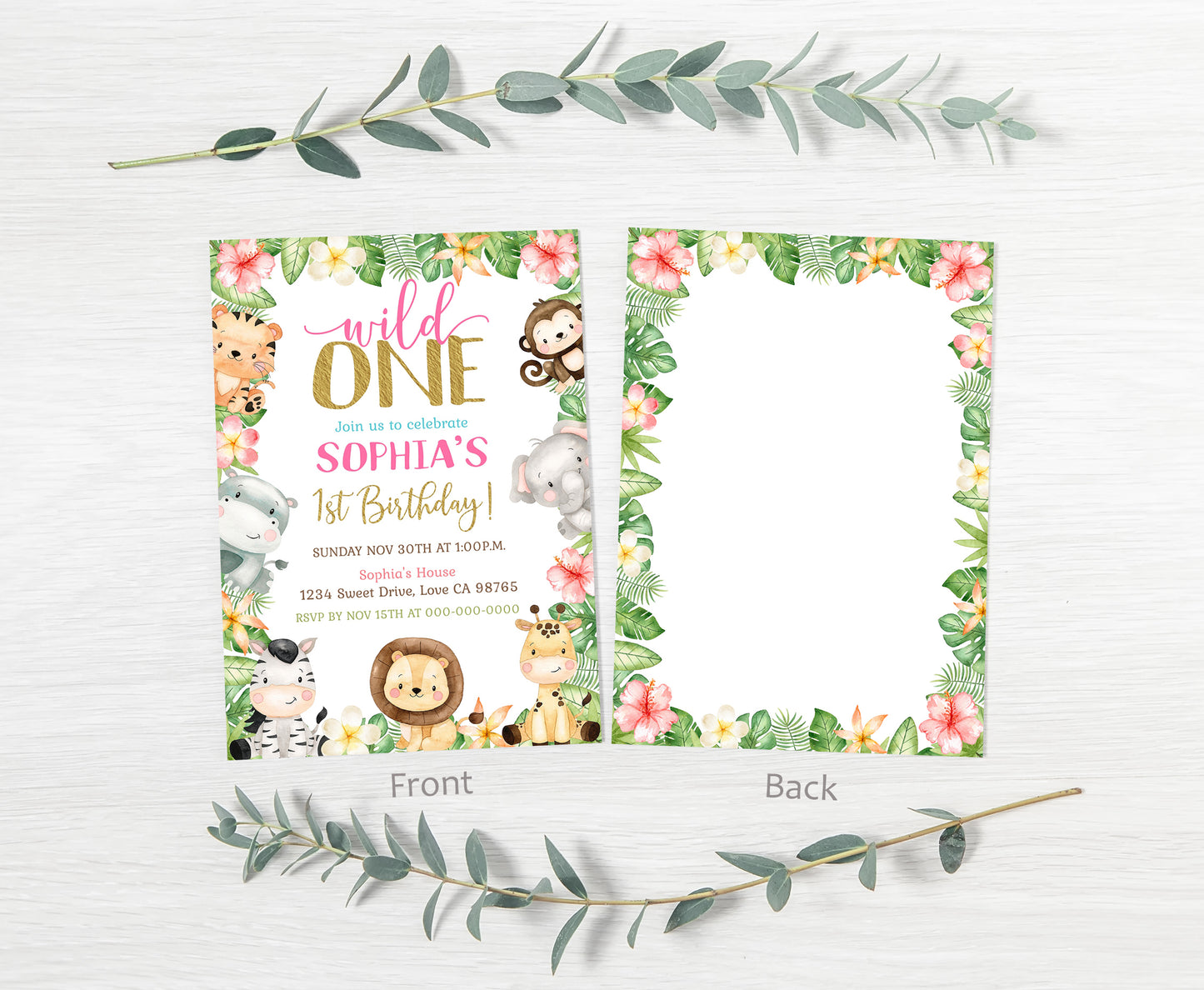 Girl Safari Birthday Invitation | Editable Floral Jungle Animals Party Invite - 35E