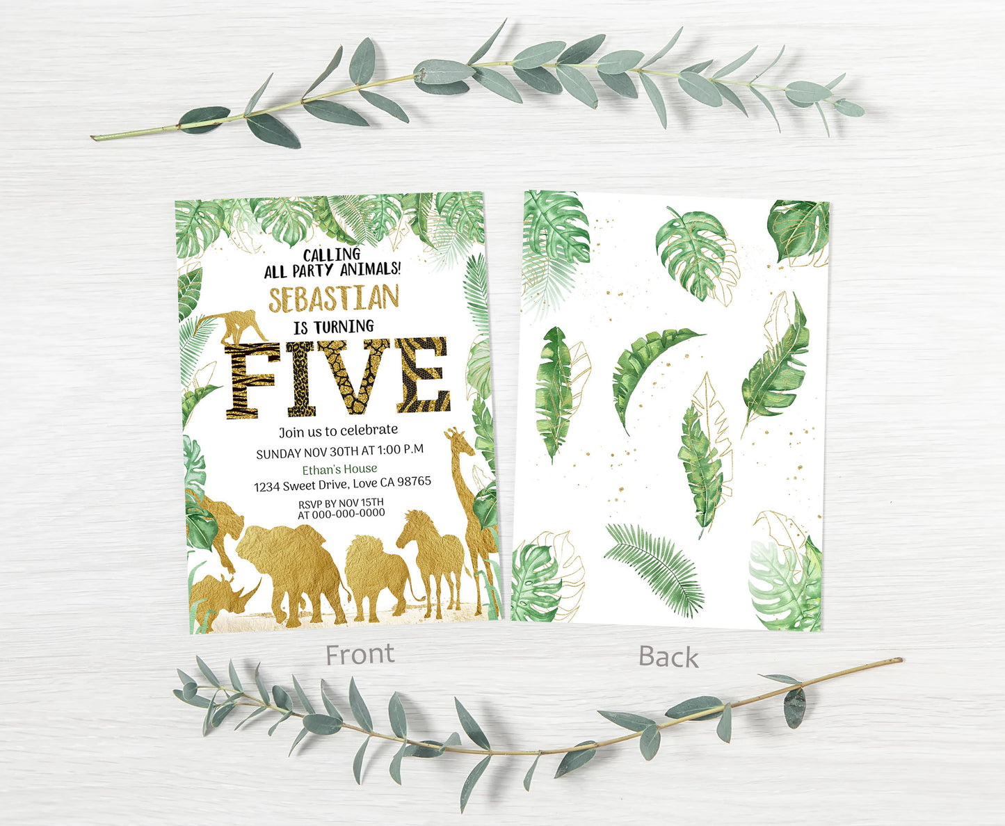 Gold Safari Animals 5th Birthday Invitation | Editable Five Birthday Invite - 35K