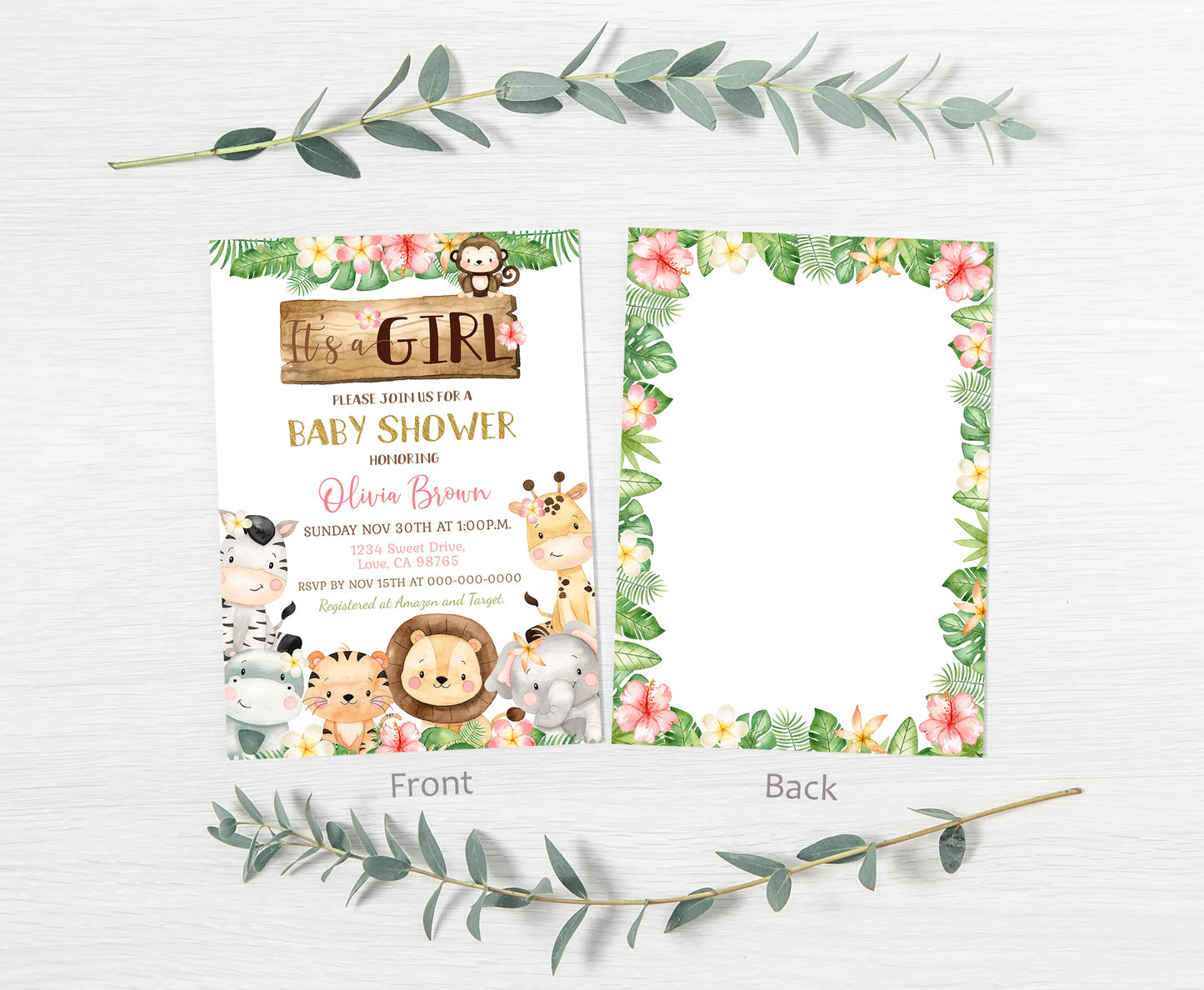 Floral Safari Baby Shower Invitation | Editable Jungle It's a Girl Baby Shower Invite - 35E