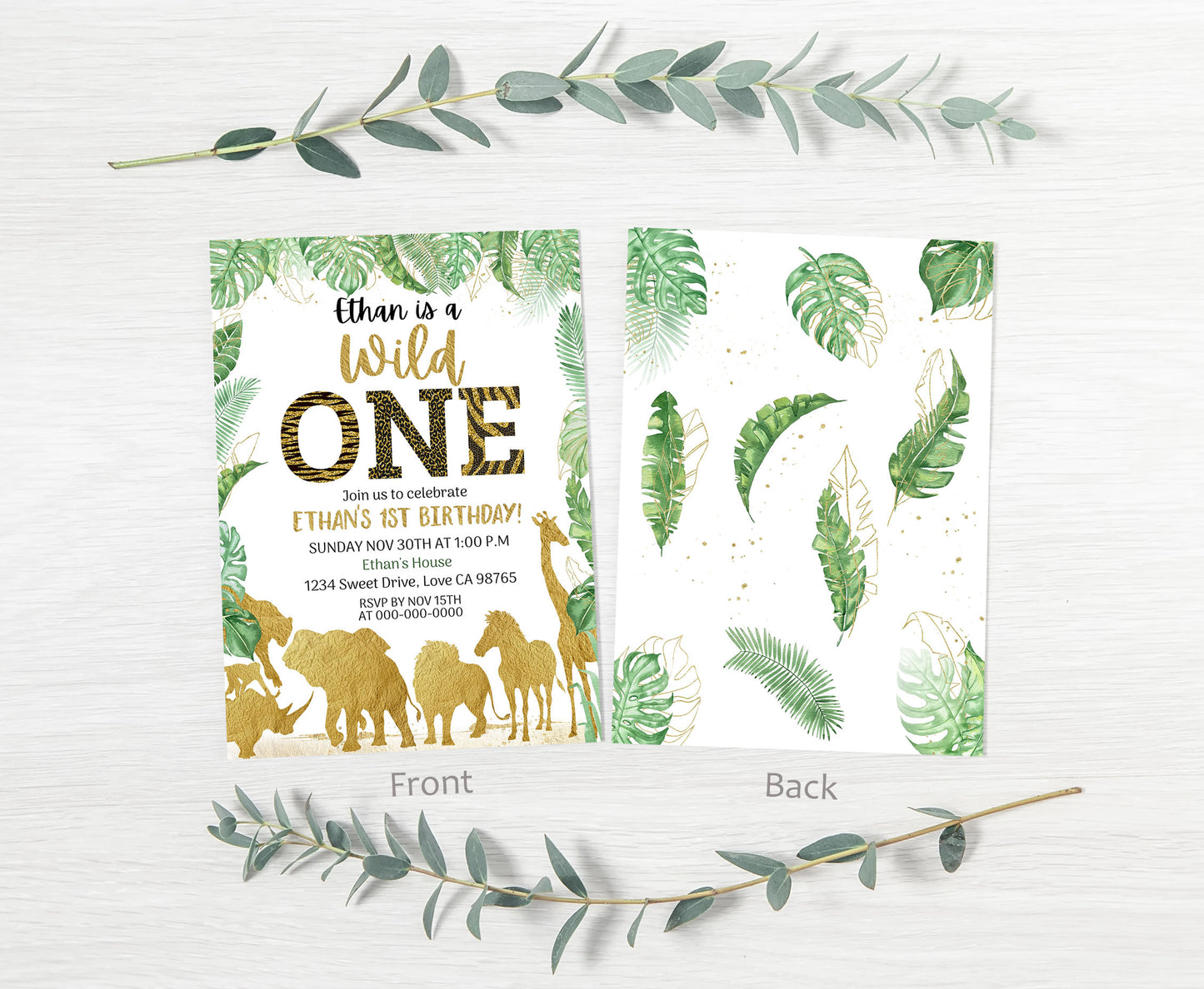 Gold Safari Animals 1st Birthday Invitation | Editable Wild One Birthday Invite - 35K