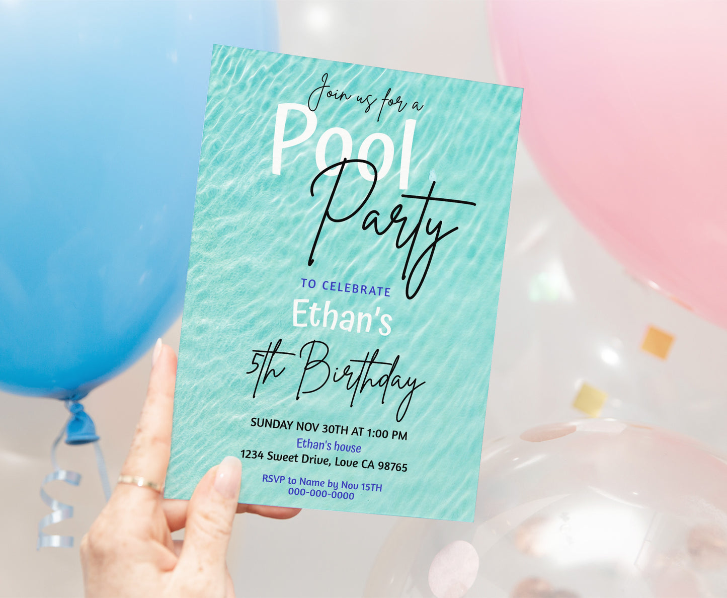 Pool Party Birthday Invitation | Editable Summer Theme Party Invite - 40B