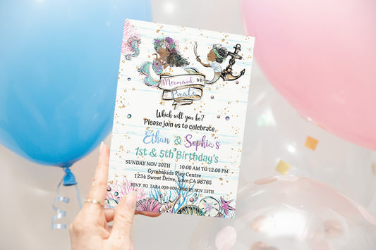Pirate or Mermaid Birthday Invitation | EDITABLE Twins Birthday Invite - 20A1