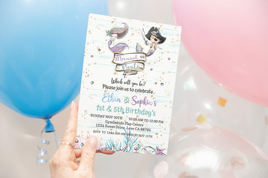 Mermaid or Pirate Birthday Invitation | EDITABLE Twins birthday invitation - 20A1