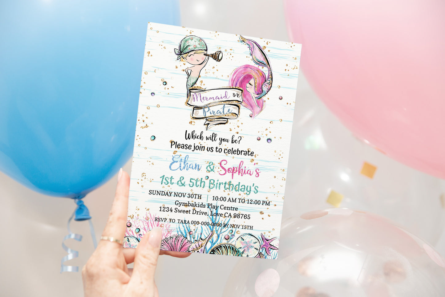 Pirate and Mermaid Birthday Invitation | EDITABLE Brother and Sister Party Invite - 20A1