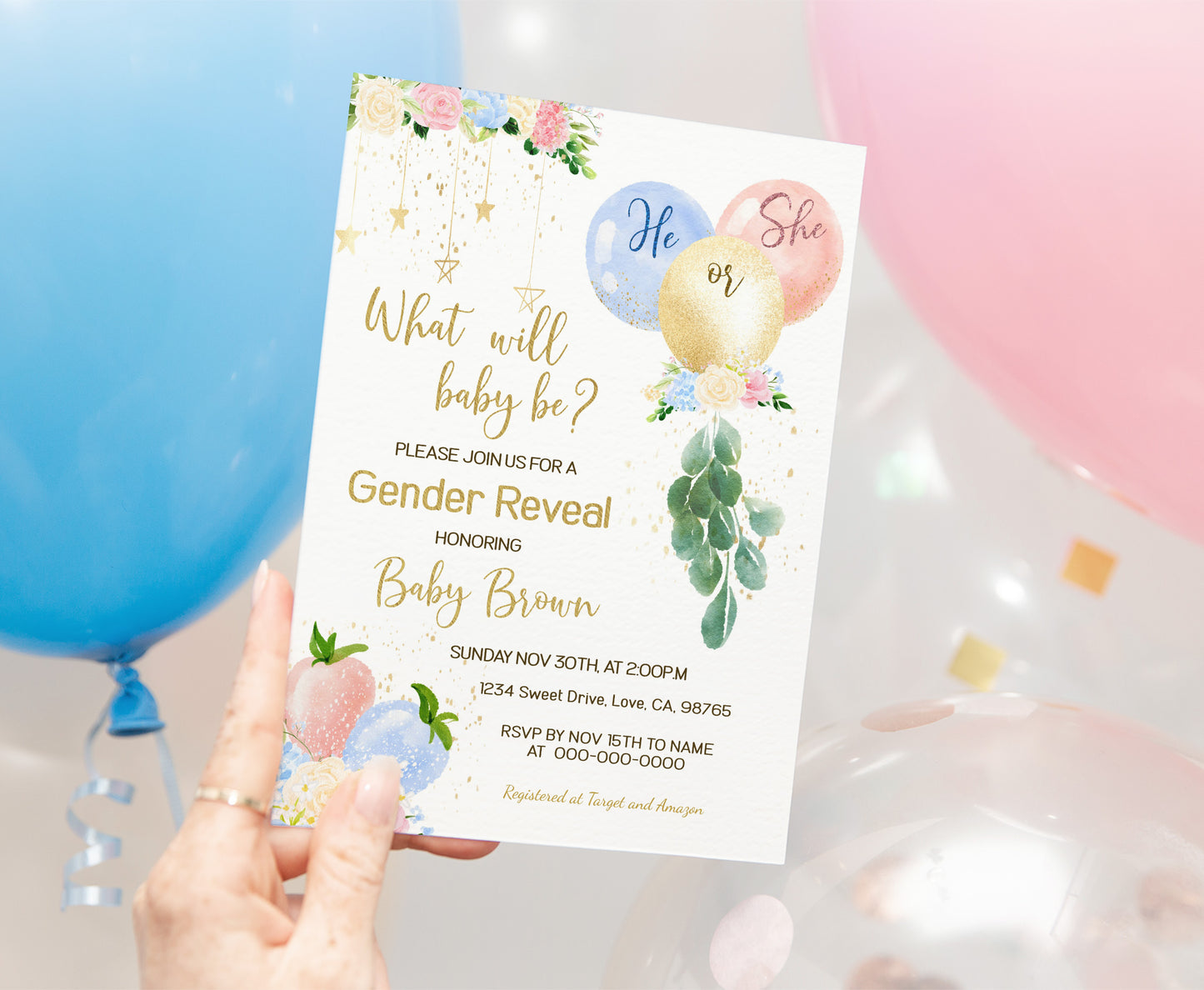 He or She Balloons Gender Reveal Invitation | Blue pink Gender Reveal Invite - 130A