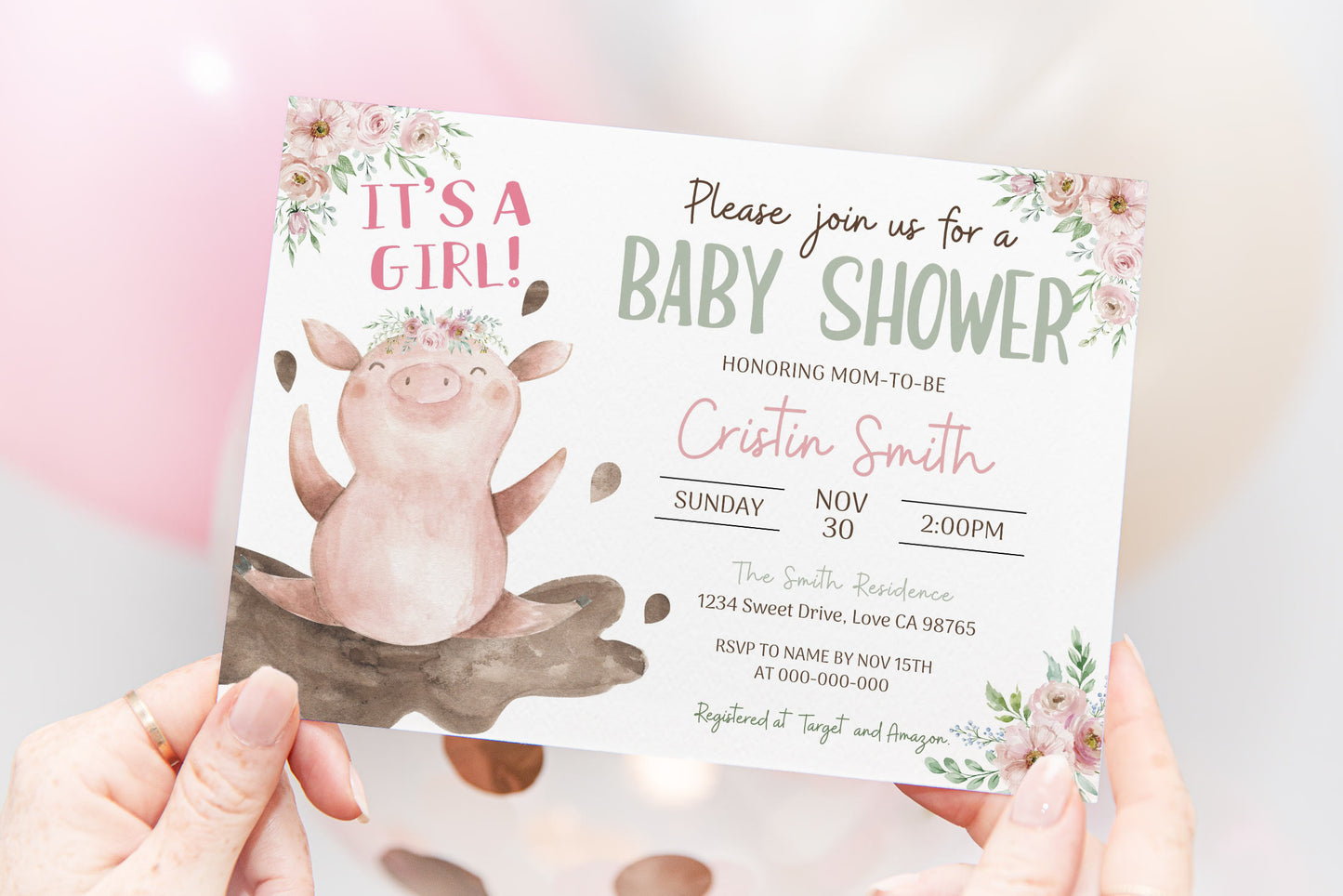 Floral Pig Baby Shower Invitation | Editable It's a Girl Farm Invite - 11B