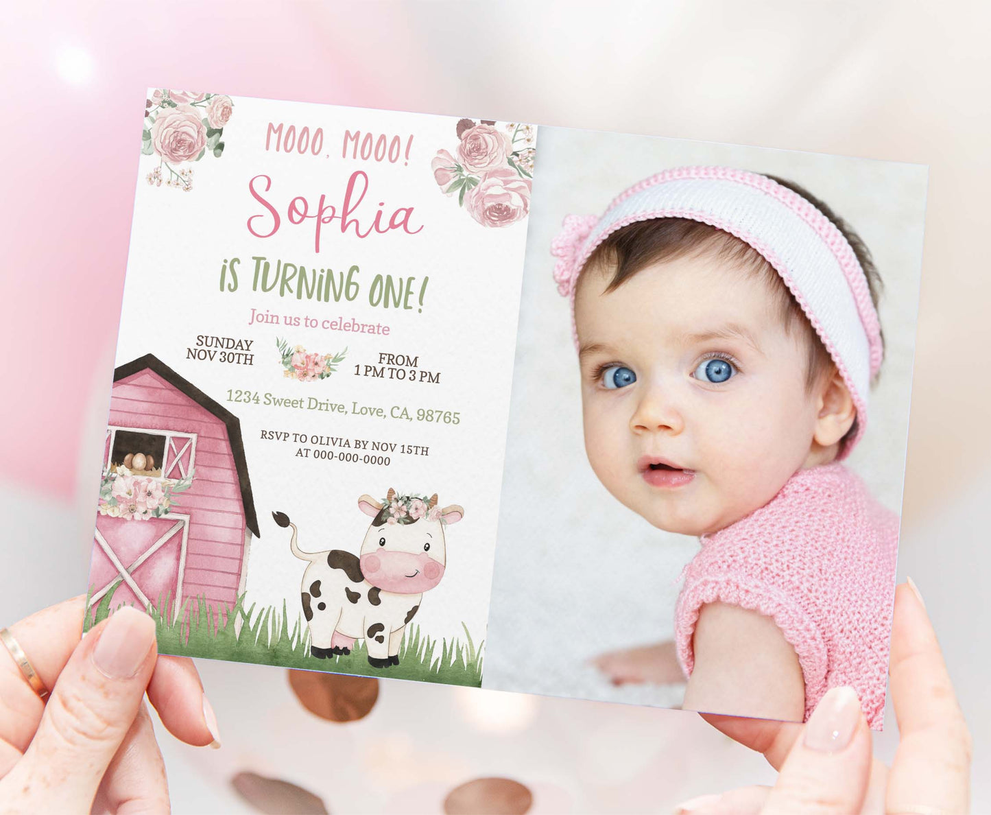 Editable Girl Cow Photo Invitation | Pink Barnyard Birthday Invite - 11A