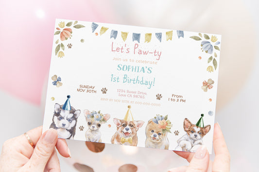 Girl Dog Birthday Invitation | Floral Puppy Party Invite - 72A