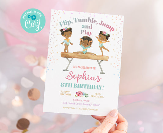 Gymnastic Birthday Invitation Girl | Floral Gymnastic Party Invite - 99A