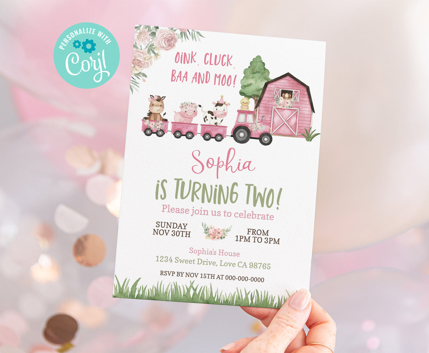 Train Girl Birthday Invitation | Editable Floral Farm Party Invite - 11A