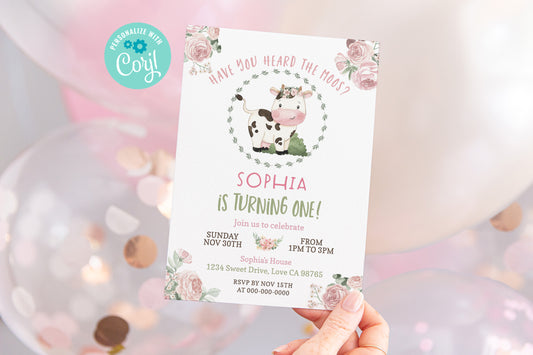 Girl Cow First Birthday Invitation | Editable Floral Farm Party Invite - 11A