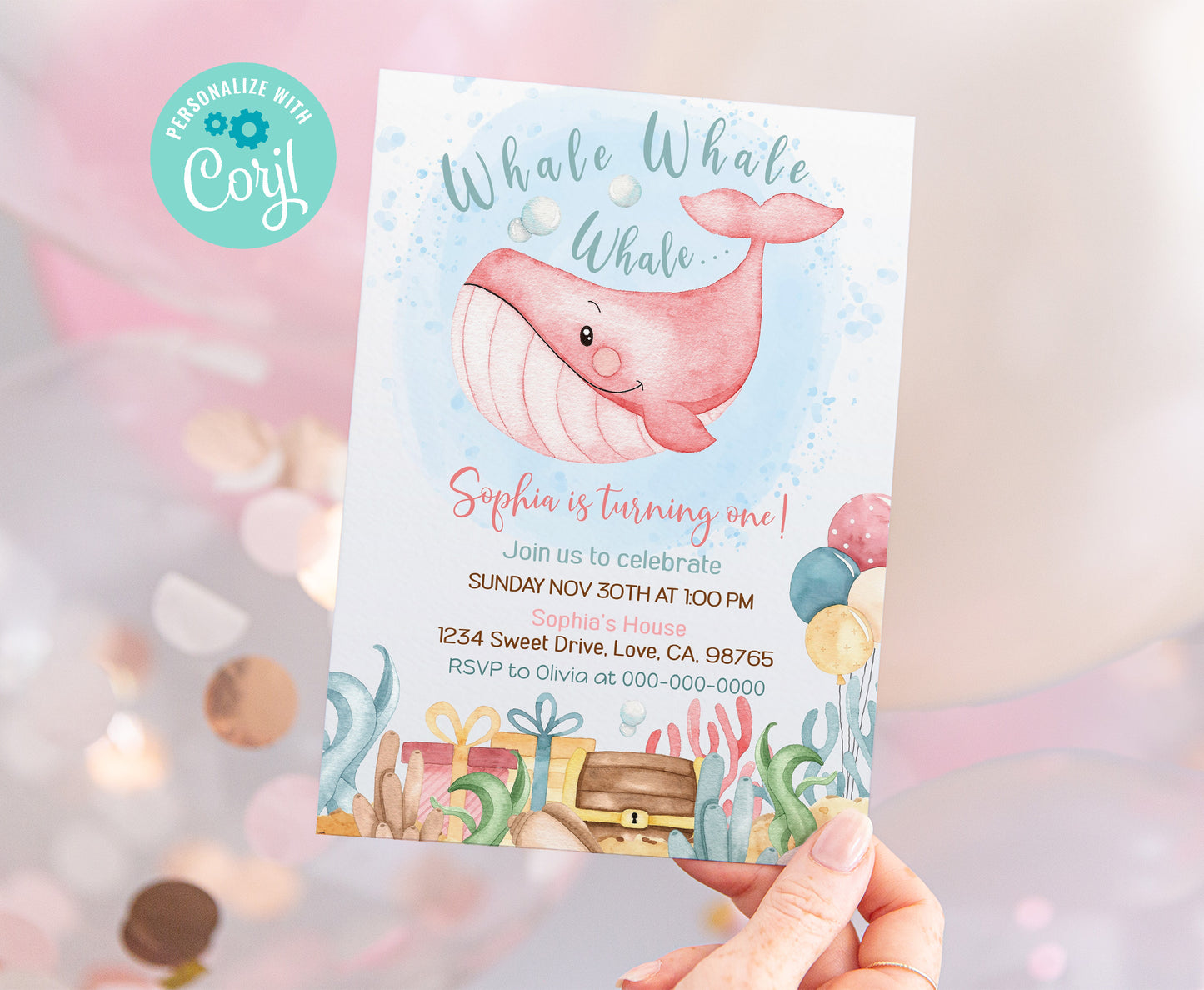 Editable Girl Under The Sea Birthday Invitation | Whale Party Invite - 44A