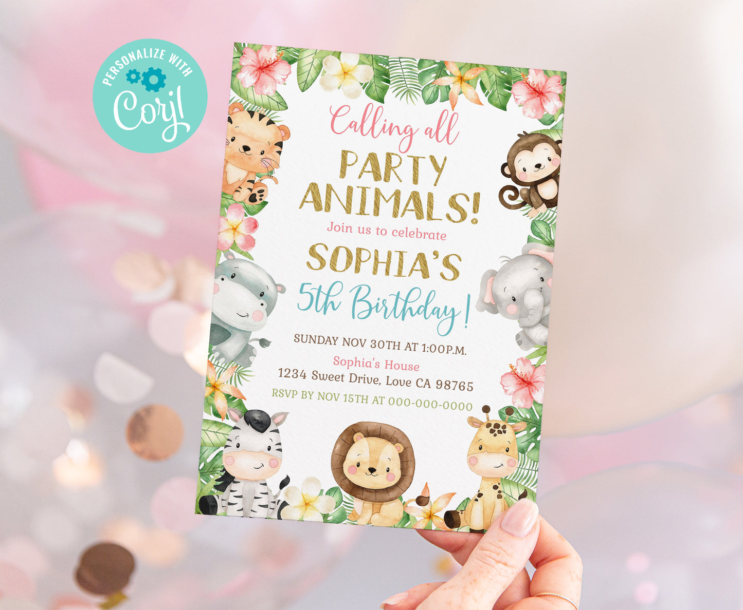 Calling all Party Animals, Girl Safari Party Animals Invitation | Editable Floral Jungle Birthday Invite - 35E
