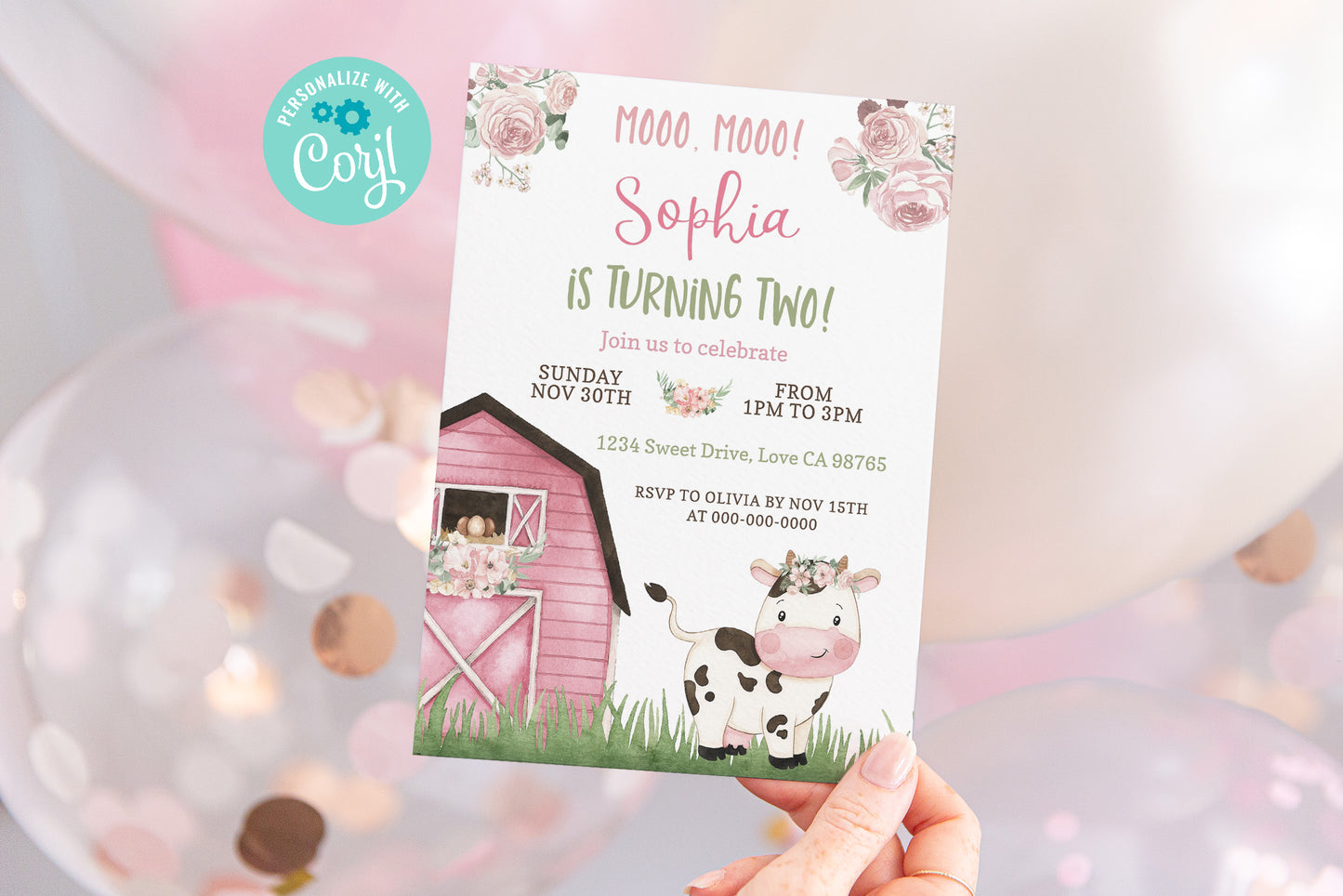 Cow Girl Birthday Invitation | Editable Floral Farm Party Invite - 11A