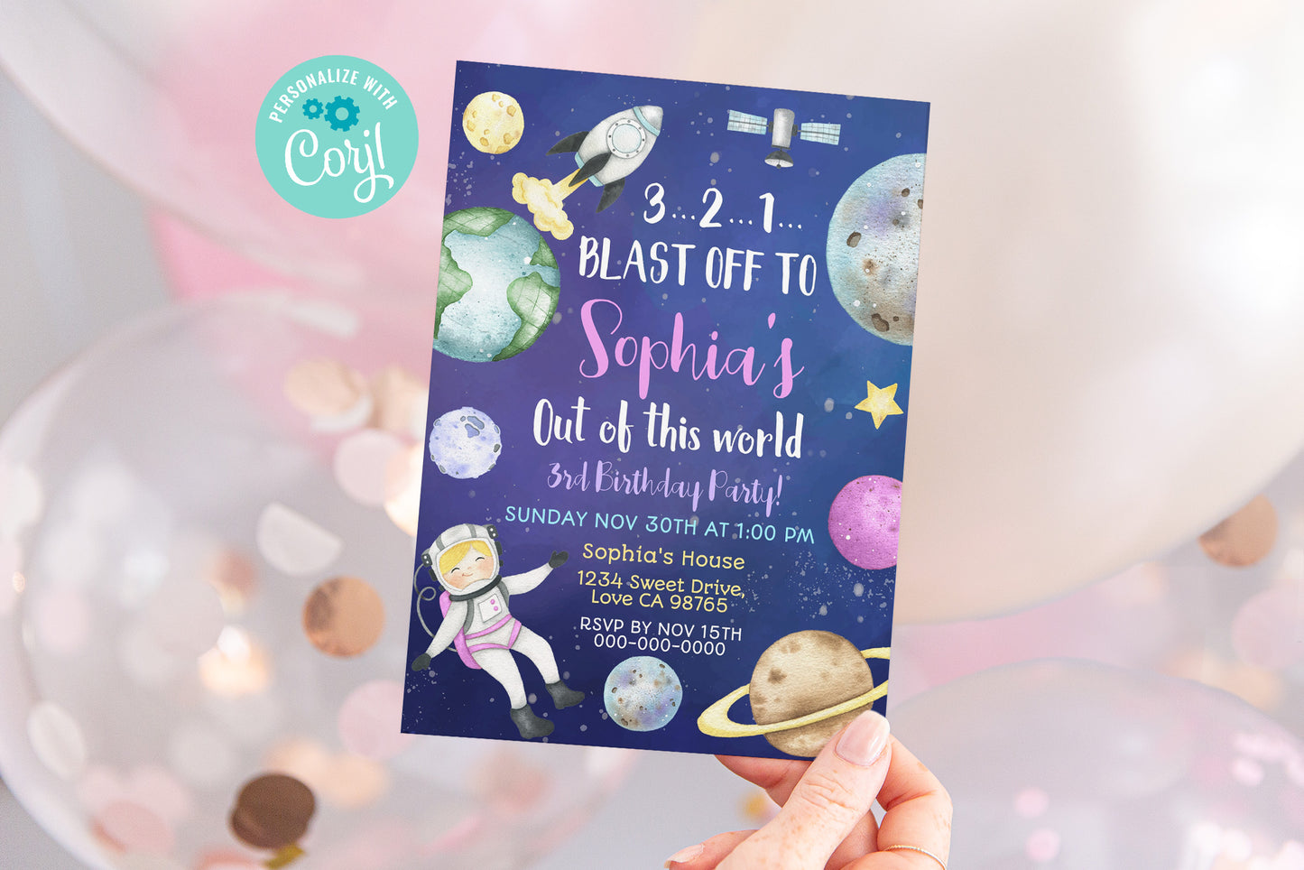 Space Birthday Invitation Girl | Pink Astronaut Party Invite - 39A