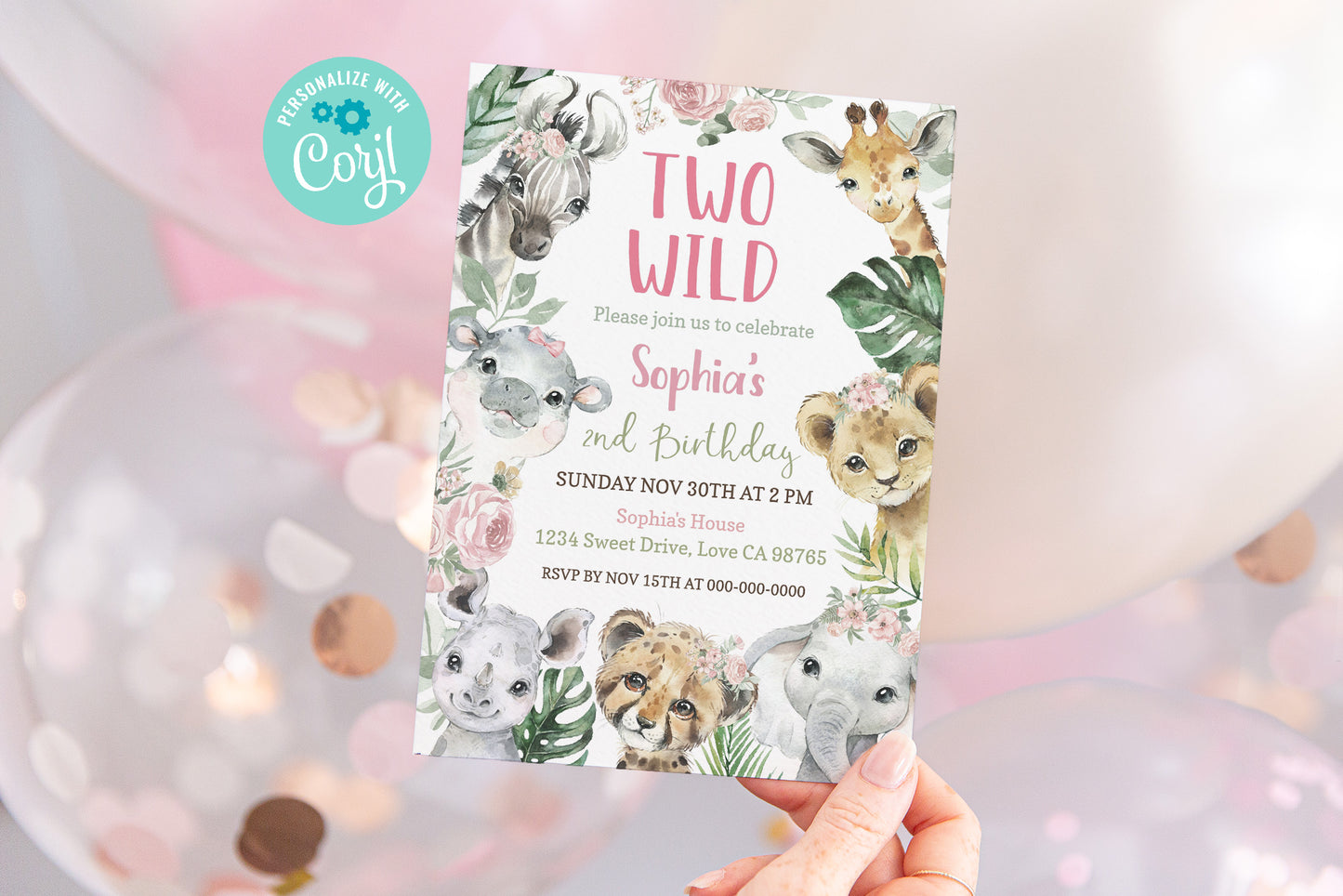 Two Wild Birthday Invitation Girl | Floral Safari 2nd Birthday Party Invite - 35A